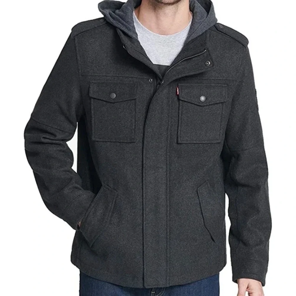Levis Mens Wool Blend Hooded Field Jacket Charcoal Grey XXL Military Chore‎ Coat